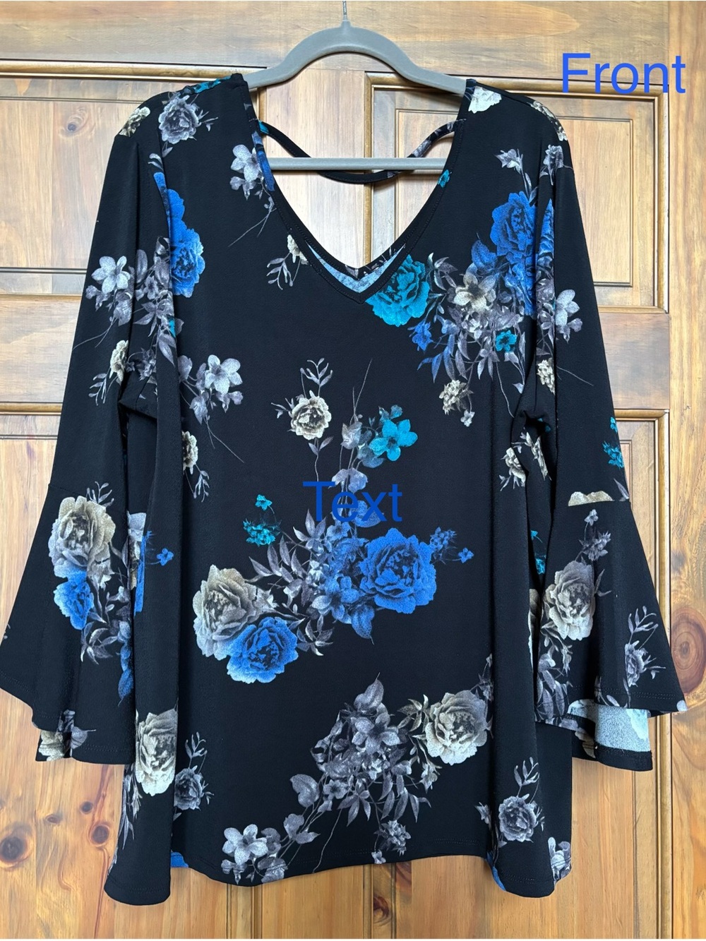 Dex Black/Blue Floral V-Neck Women's Top with Bell Sleeves - 2X
